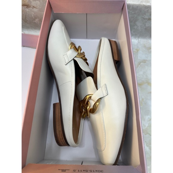 Lisa Vicky Zippy V‎ White Sheep Nappa Mules Loafers Size 8 M Gold Chain Accent - Picture 5 of 5